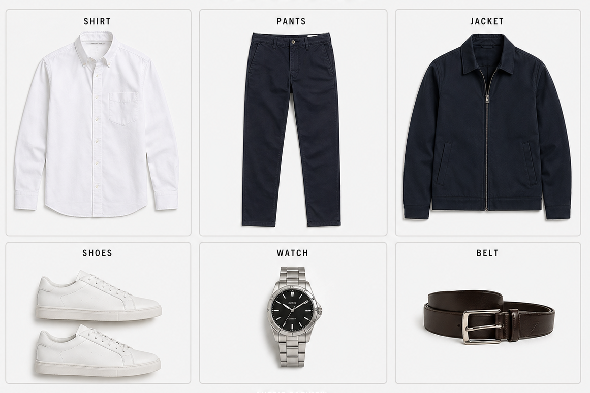 Six-piece outfit collage.